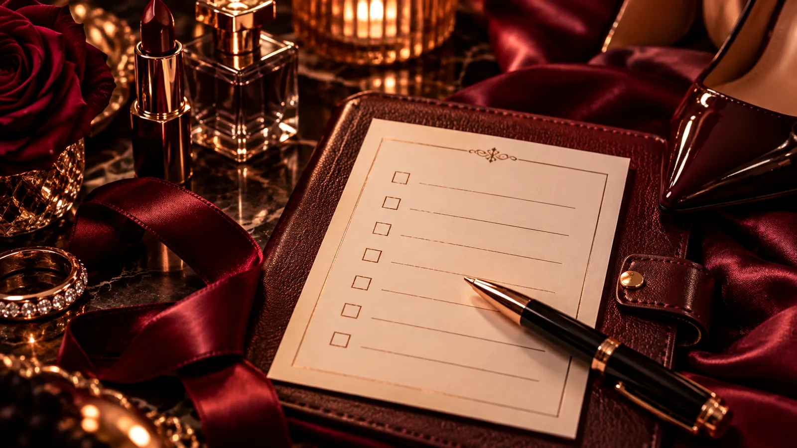 Freiwillige Checkliste mit Stift und burgunderfarbenen Stoffen