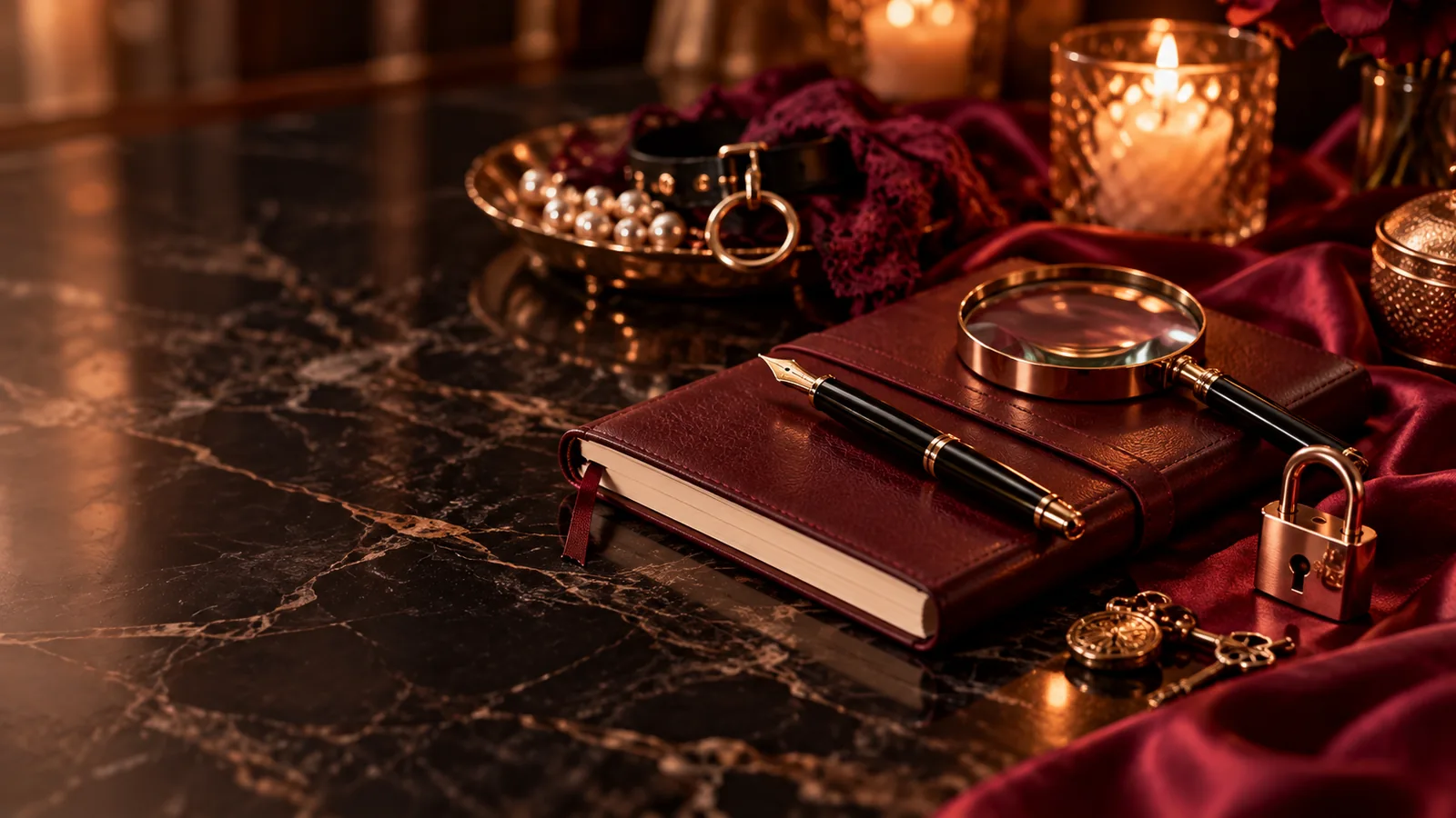 Redaktionelle KI-Komposition: Notizbuch, Stift und symbolisches Schloss