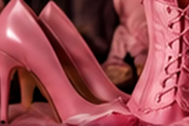 Redaktionelles Fotomotiv mit rosa Schuhen und geschnürtem Accessoire